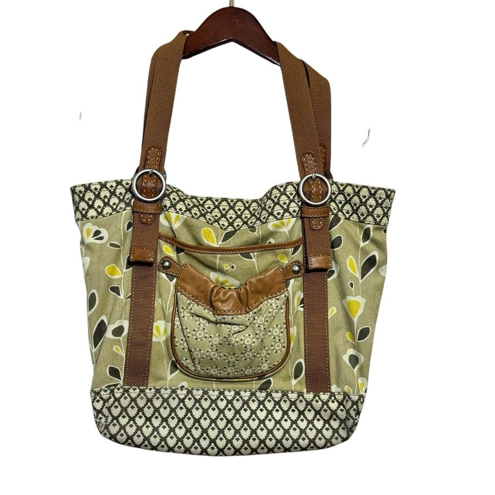 Fossil Floral Canvas Purse Bag 6 Pockets Two Handles 18”x14” Boho y2k cottage